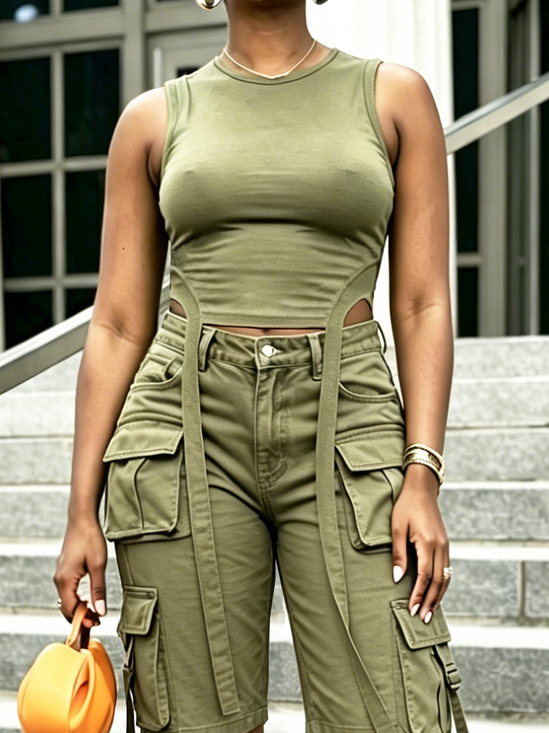 Casual Plain Irregular Craftsmanship Crew Neck Tank Top
