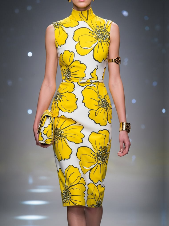 Elegant Floral Stand Collar Knee Length Dress With Belt