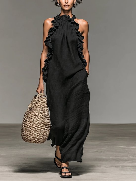 Plus Size Cotton Casual Plain Peplum Halter Neck Maxi Dress