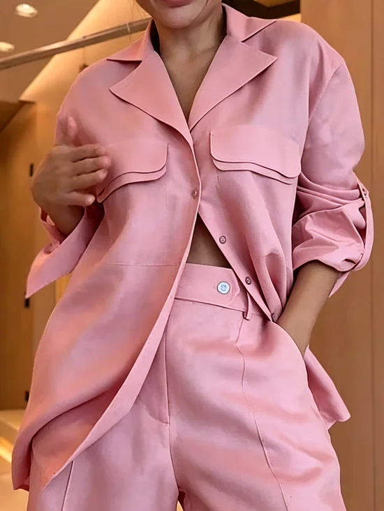 Plus Size Cotton And Linen Casual Plain Buttoned Lapel Collar Shirt