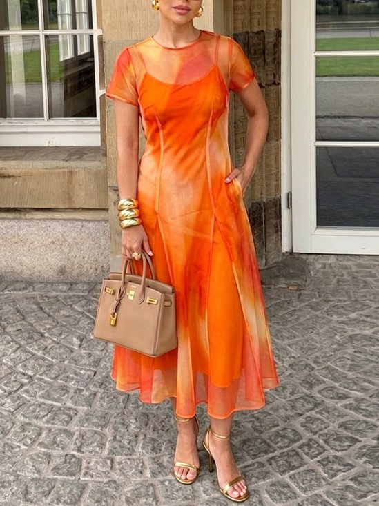Urban Color Block Printing Geometric Ombre Midi Dress