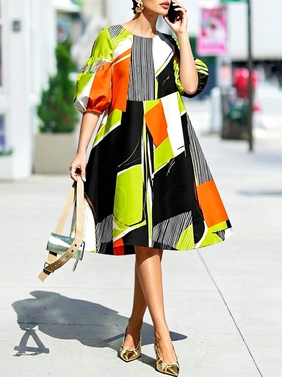 Elegant Random Print Puff Sleeve Printing Crew Neck Midi Dress