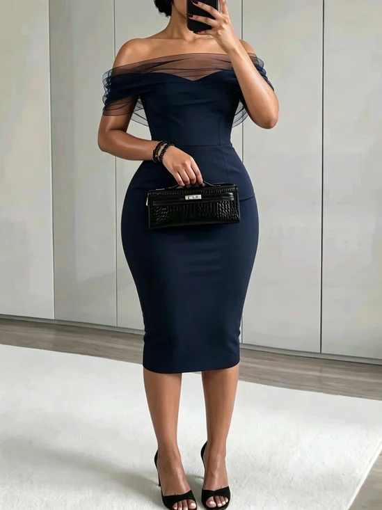 Urban Plain Mesh Off The Shoulder Midi Dress