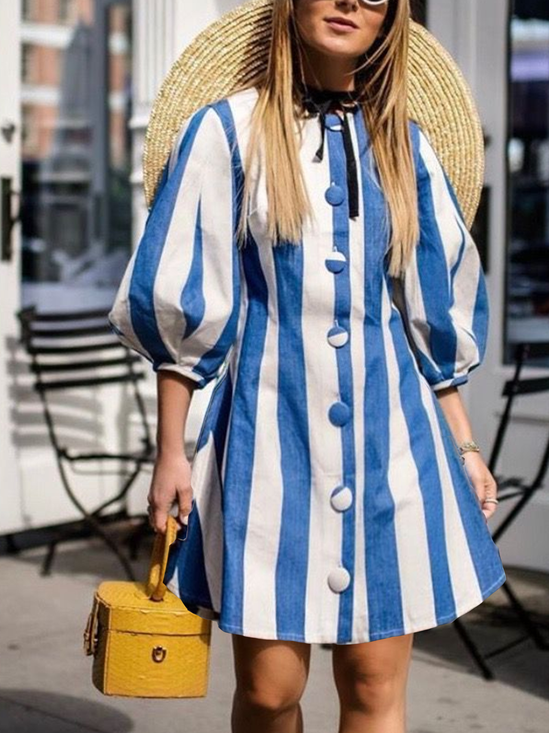 Vacation Striped Puff Sleeve Printing Mini Dress