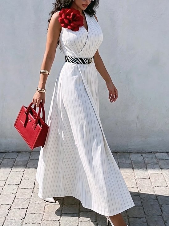Urban Striped Cross Neck Maxi Dress With Belt And 3D Floral