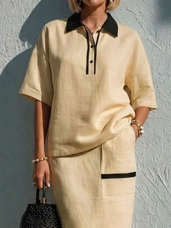 Cotton And Linen Casual Color Block Shirt Collar Shirt