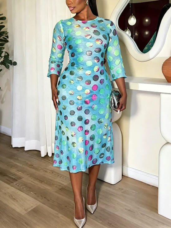 Elegant Polka Dots Printing Crew Neck Midi Dress