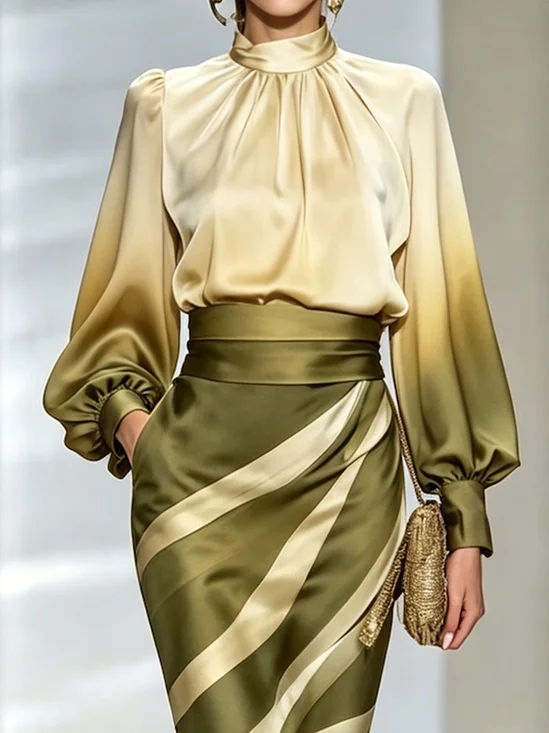 Satin Elegant Gradient Pattern Stand Collar Blouse