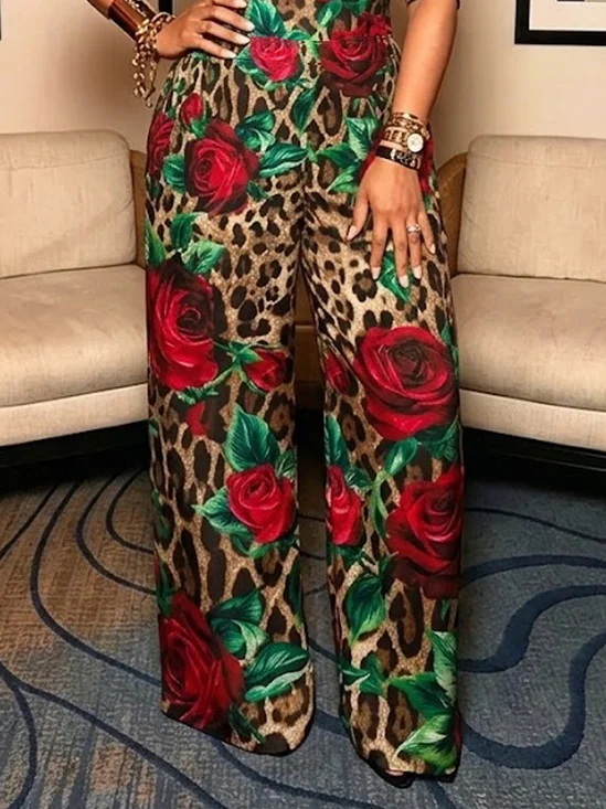 Elegant Leopard Floral Printing Wide Leg Pants