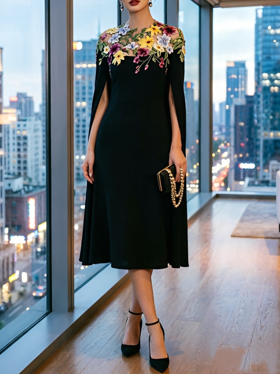 Elegant Floral Crew Neck Midi Dress