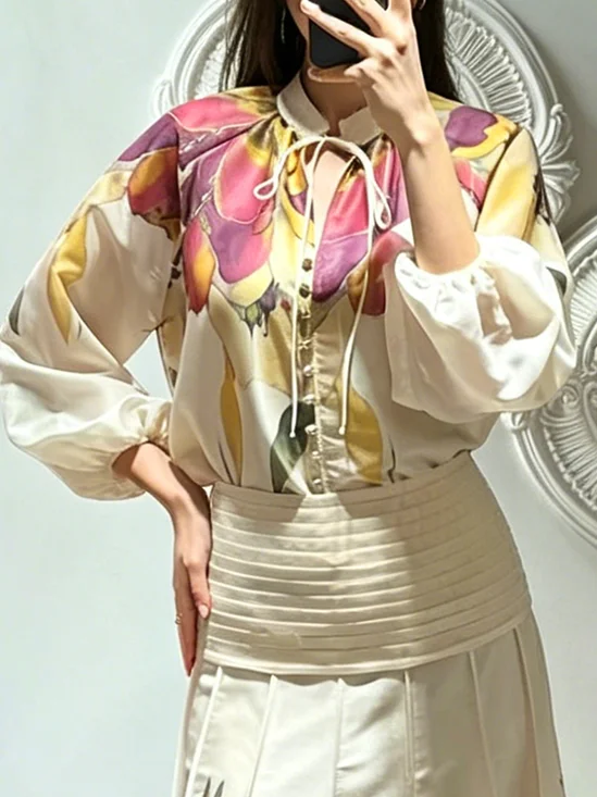 Elegant Floral Printing Stand Collar Balloon Sleeve Shirt