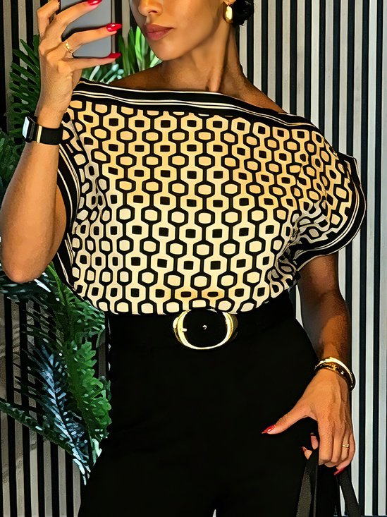 Urban Geometric Printing Boat Neck Blouse