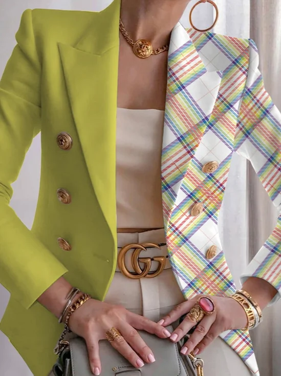 Elegant Shoulder Pad Color Block Plaid Geometric Lapel Collar Blazer