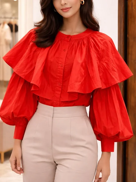 Cotton Elegant Plain Buttoned Crew Neck Shirt