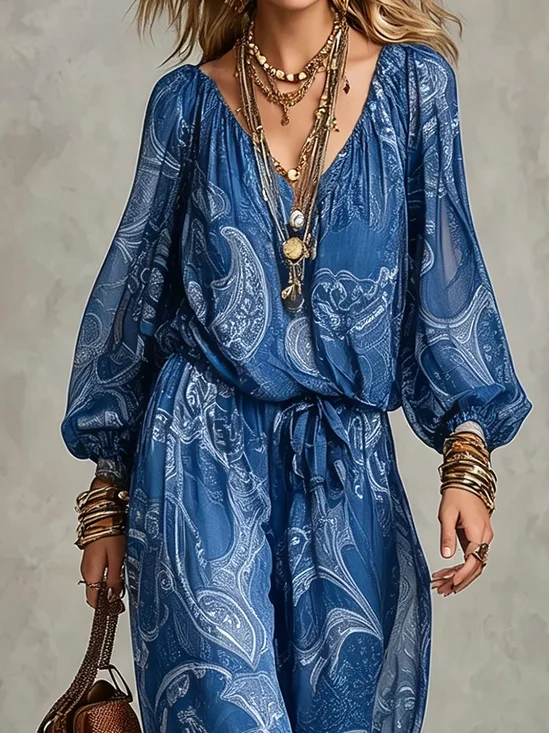 Casual Cashew Flowers V Neck Blouse
