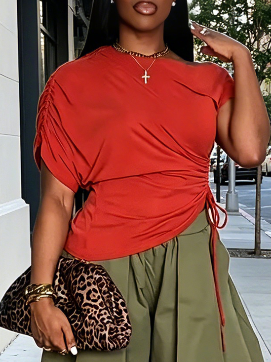 Casual Plain Gathered Drawstring Asymmetrical T-shirt
