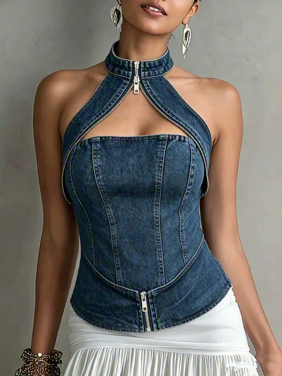Urban Plain Zipper Mock Neck Denim Top
