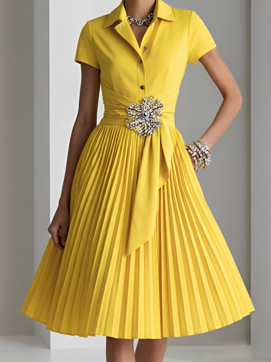 Urban Plain Pleated Shirt Collar Knee Length Dress