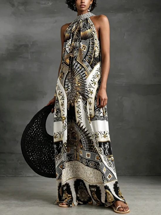 Elegant Paisley Halter Neck Maxi Dress
