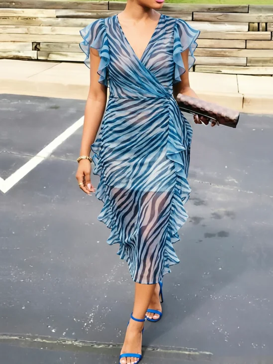 Elegant Zebra V Neck Midi Dress