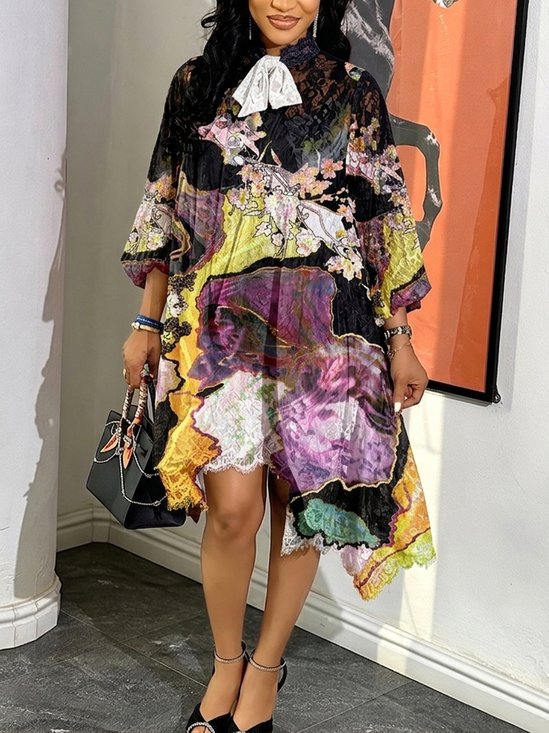 Elegant Random Print Printing Tie Neck Midi Dress