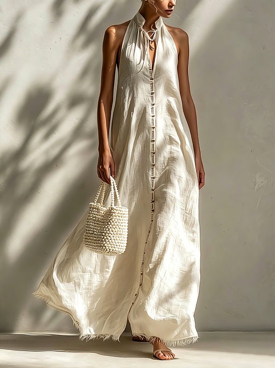 Cotton And Linen Casual Plain Webbing Tie Neck Maxi Dress