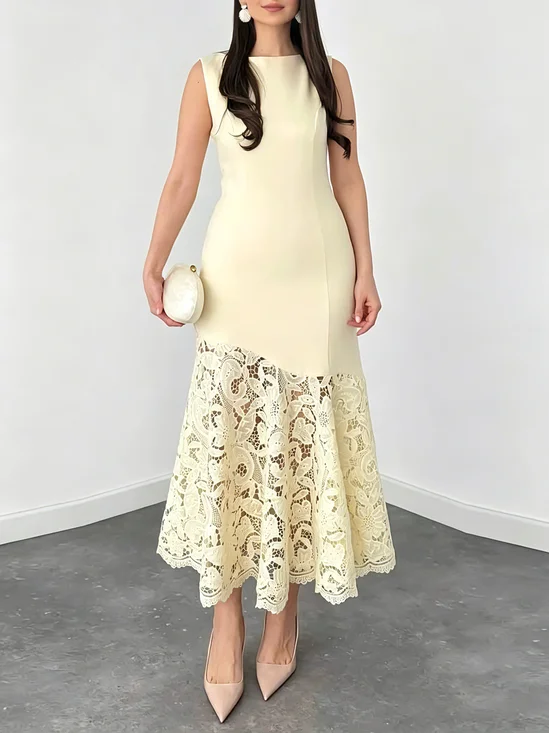 Elegant Plain Lace Boat Neck Midi Dress