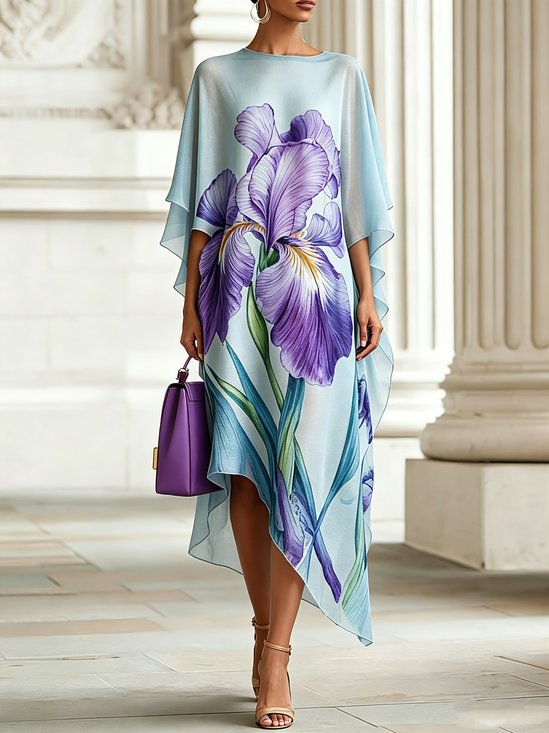 Elegant Floral Printing Boat Neck Midi Dress