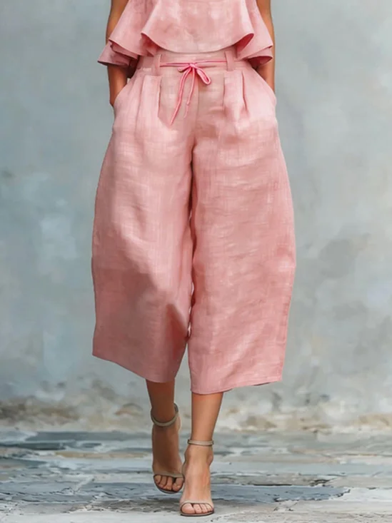 Casual Solid Relaxed Cropped Lace-up Wide Leg Pants