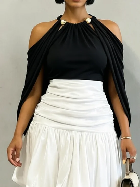 Elegant Plain Hollow Out Halter Neck Blouse