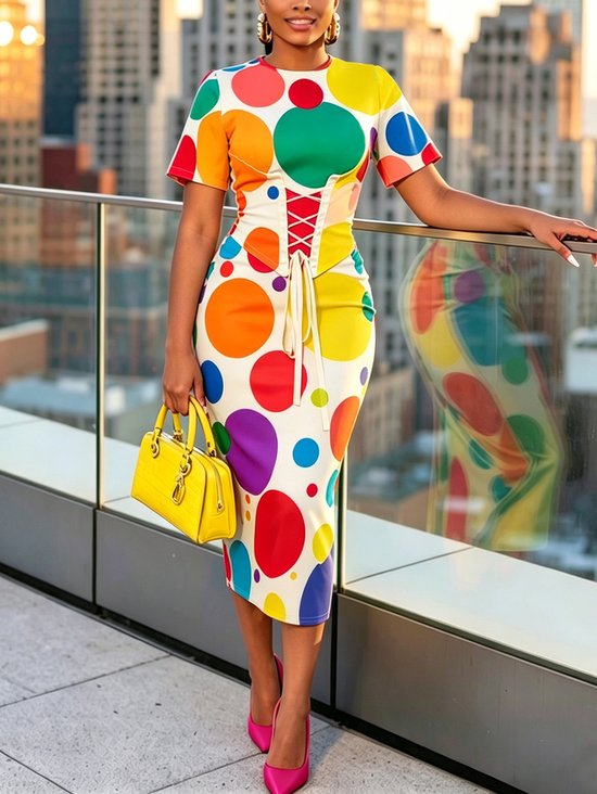 Plus Size Elegant Polka Dots Printing Crew Neck Midi Dress