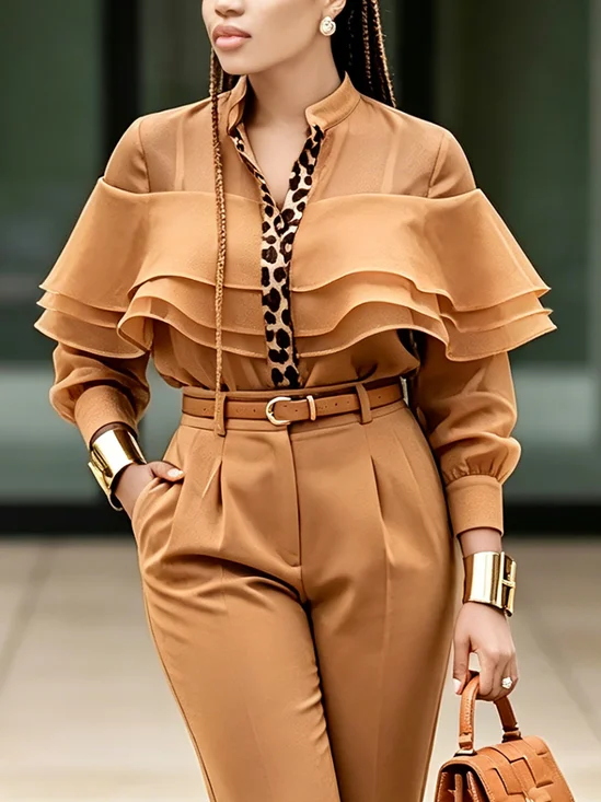Urban Color Block Leopard Folds Stand Collar Shirt