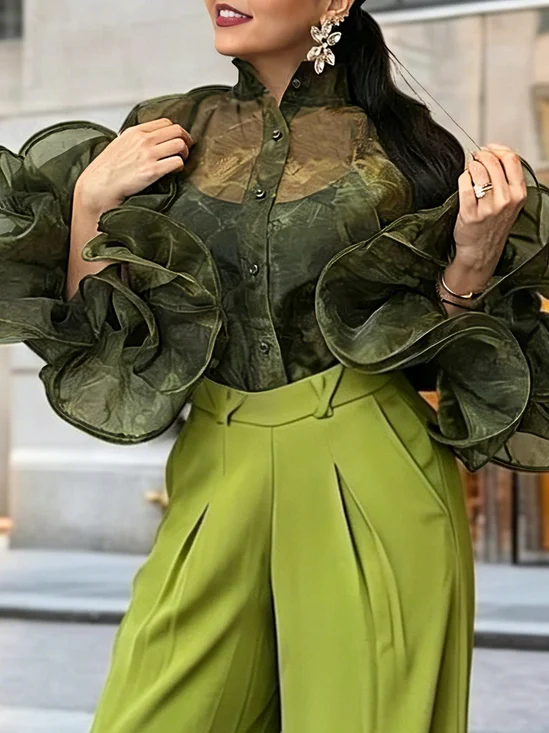 Urban Plain Buttoned Shirt Collar Shirt