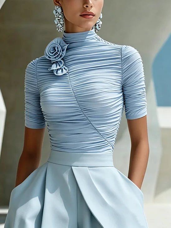 Elegant Plain Ruched Mock Neck Blouse