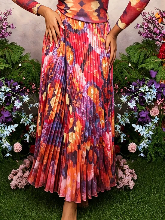 Elegant Pleated Random Print Maxi Skirt