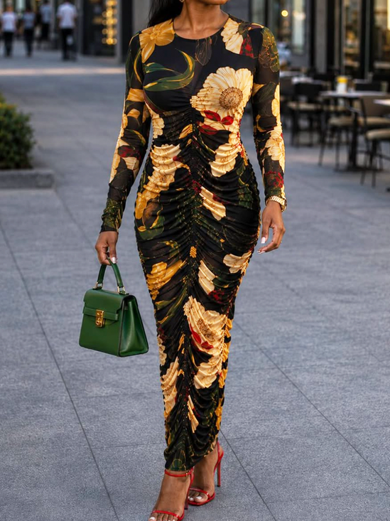 Elegant Floral Gathered Crew Neck Maxi Dress