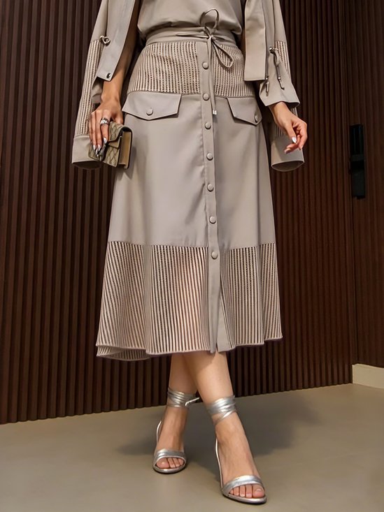Urban Split Joint Buttoned Pockets Lace-up Plain Midi Skirt