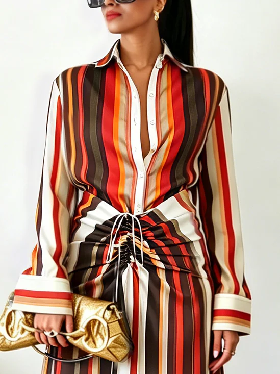 Urban Striped Buttoned Shirt Collar Shirt