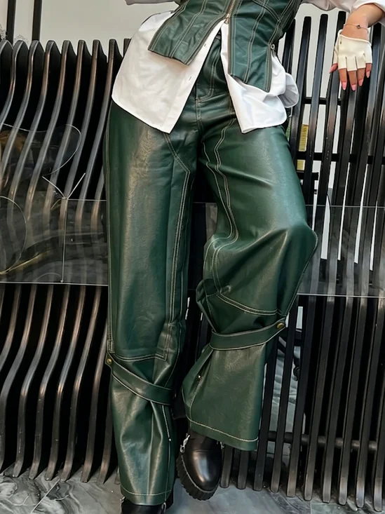 Urban Plain Buttoned Faux Leather Pant