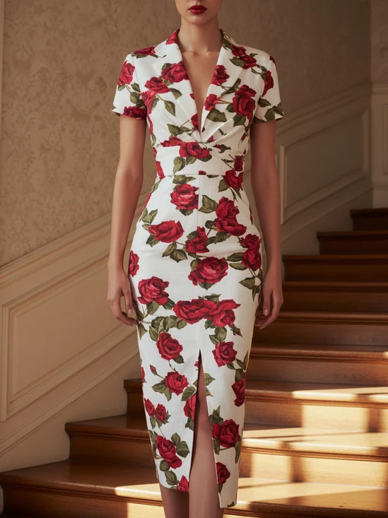Party Floral Lapel Collar Midi Dress