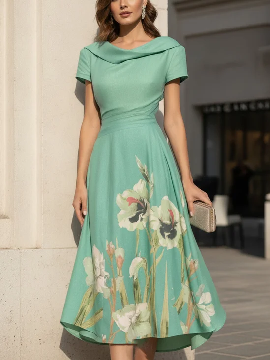 Elegant Floral Regular Sleeve Shawl Collar Maxi Dress