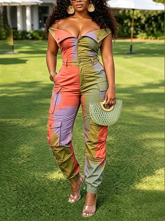 Casual Printing Gradient Pattern Cold Shoulder Jumpsuit
