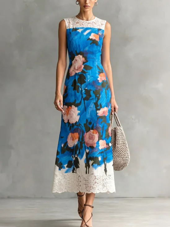 Elegant Floral Crew Neck Maxi Dress