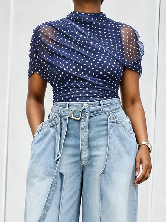 Elegant Polka Dots Stand Collar Blouse