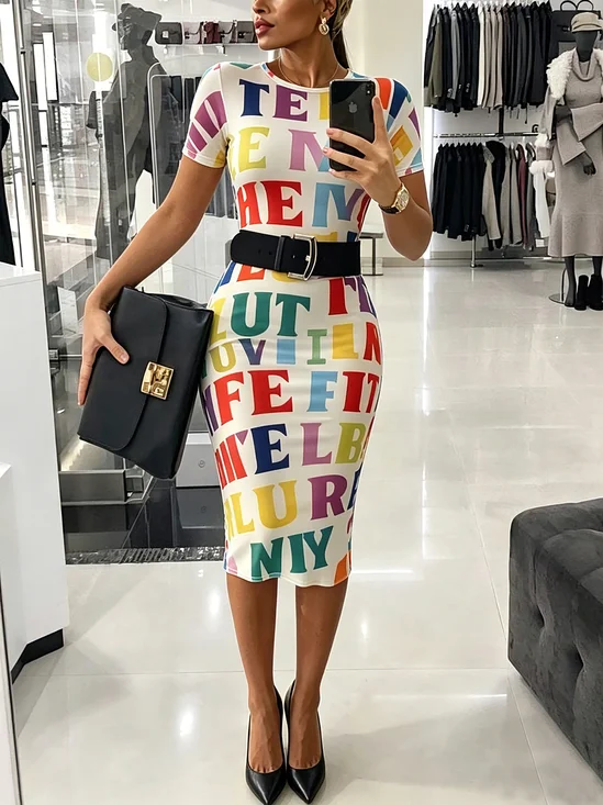 Elegant Letter Pattern Printing Crew Neck Midi Dress