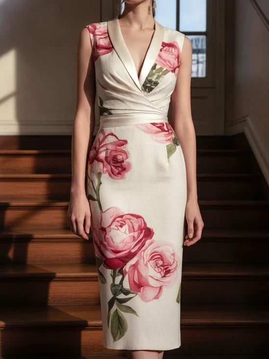 Elegant Floral V Neck Midi Dress