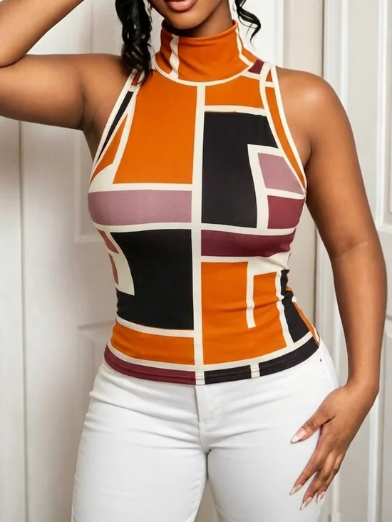 Casual Geometric Stand Collar Tank Top