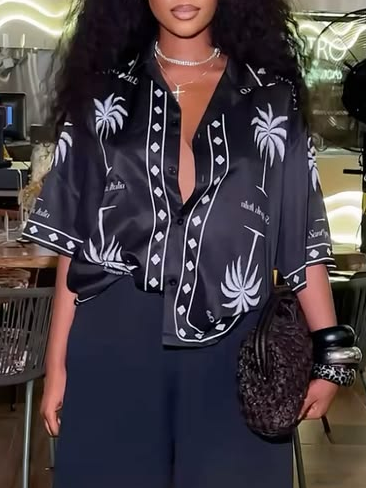 Casual Color Block Coconut Tree Buttoned Shirt