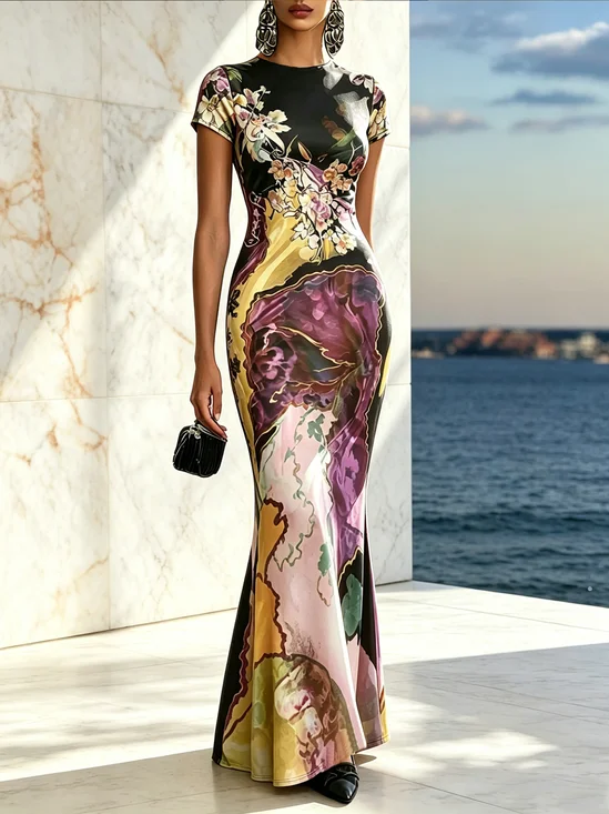Elegant Random Print Printing Crew Neck Maxi Dress