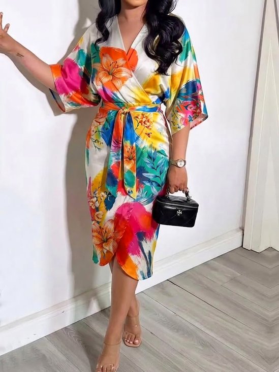 Urban Color Block Printing Midi Dress With Belt
